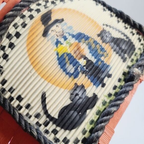 Vintage Orange Wicker Hand Painted Halloween Witch Cat Basket - Picture 7 of 12
